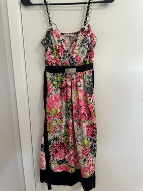 Angie Pink Floral Sleeveless Dress with Black Accents
